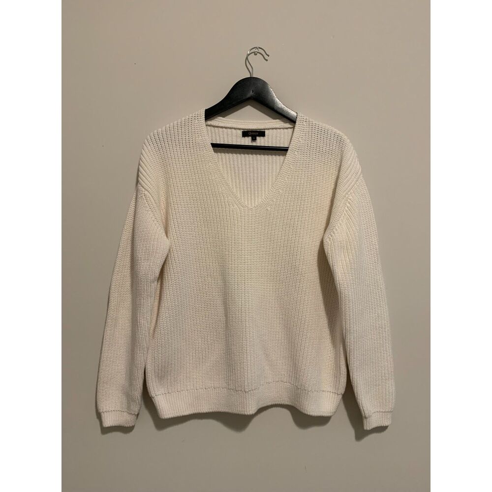 Quince Womens 100% Organic Cotton Cream Waffle Knit V-Neck Sweater S